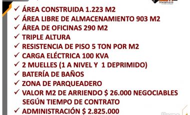 ARRIENDO BODEGA 1.223 M2  PARQUE IND. SIBERIA