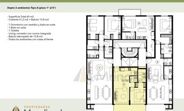 Depto 2 amb de 65m2 al frente con Balcón - Zona Güemes Aldrey
