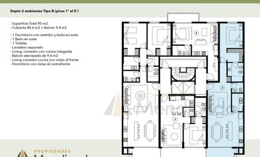 Depto 2 amb de 90m2 al frente con Balcón con parrilla - Zona Güemes Aldrey