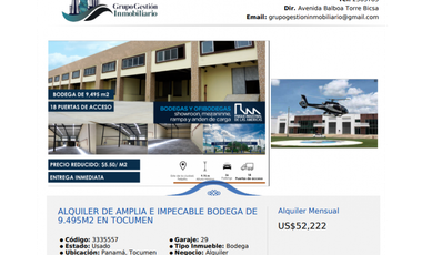 ALQUILER DE AMPLIA E IMPECABLE BODEGA DE 1.054M2 EN TOCUMEN