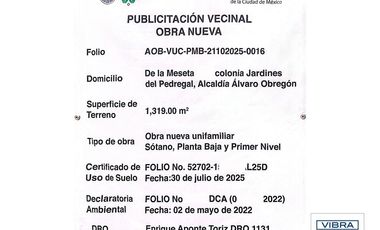 Terreno 1,319 m2 en Calle CERRADA con Seguridad 24 horas.