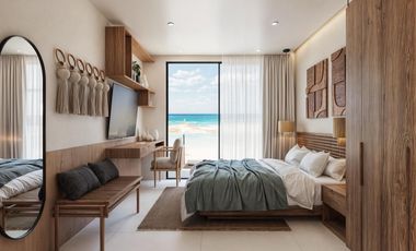 Departamento en venta tipo estudio amueblado en Mahahual, frente al mar | Alberca y bar