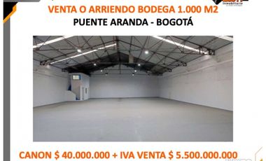 VENTA O ARRIENDO BODEGA 1.000 M2   PUENTE ARANDA - BOGOT