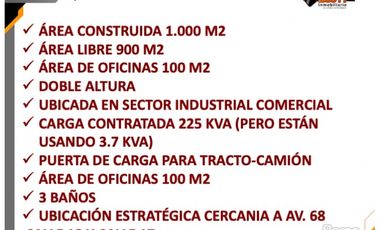 VENTA O ARRIENDO BODEGA 1.000 M2   PUENTE ARANDA - BOGOT