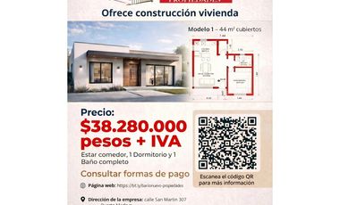 Construccion vivienda 44 m2, $38.280.000 pesos