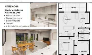 Departamento 3 ambientes planta baja con galeria y parrillla