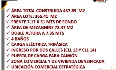 ARRIENDO LOCAL CON BODEGA 438 M2 SOBRE CALLE 13