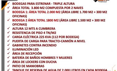 ARRIENDO 2 BODEGAS 3.800 M2 1.800 M2 Y 2.000 M2  EN SIBERIA COTA