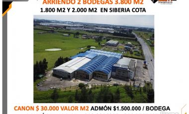 ARRIENDO 2 BODEGAS 3.800 M2 1.800 M2 Y 2.000 M2  EN SIBERIA COTA