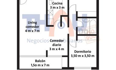 Dpto de 2 dormit., living comedor, balcón con parrillero, cocina, íntimo. baño, cochera y amenities.