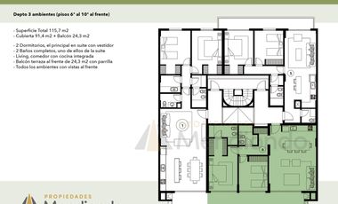 Depto 3 amb de 115m2 al frente con Balcón terraza con parrilla - Zona Güemes Aldrey
