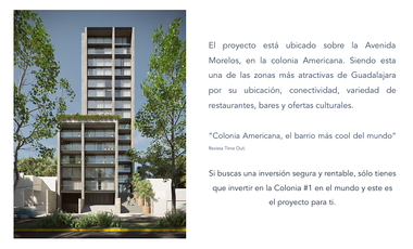 Departamento SUITE en PREVENTA, Colonia Americana, Guadalajara, Jalisco.