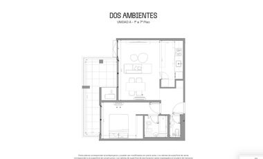 Departamento 2 ambientes en construcción balcón grande con lavadero, baño y toilette.