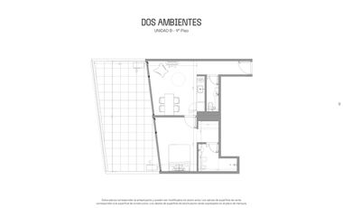 Departamento 2 ambientes en construcción balcón grande con lavadero, baño y toilette.