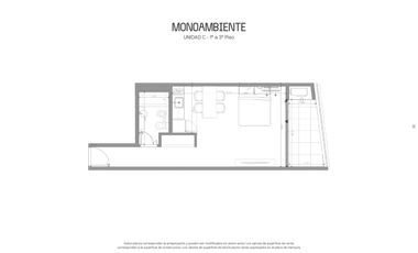 Departamento 2 ambientes en construcción balcón grande con lavadero, baño y toilette.