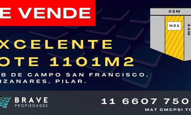 Venta de terreno 1101m2  en Club de Campo San Francisco, Manzanares, Pilar