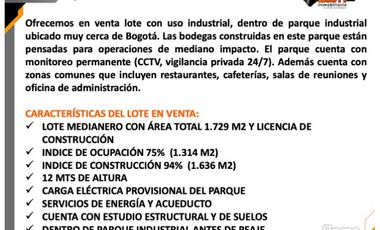 VENTA LOTE INDUSTRIAL 1.729 M2  CON LICENCIA DE CONSTRUCCIÓN
