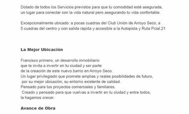 Arroyo Seco: Barrio Abierto Francisco Primero - Av. Rivadavia y Leopoldo Marechal - Lotes desde 350 m2, Santa Fe, Argentina