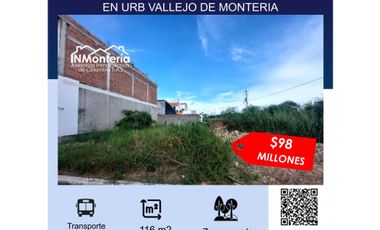 SE VENDE LOTE EN URB VALLEJO DE MONTERIA