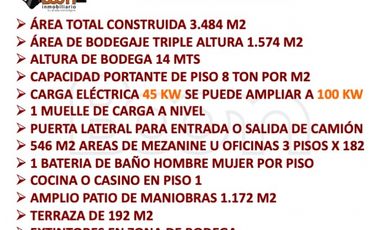 ARRIENDO BODEGA 3.484 M2 /AREA LIBRE 1.574 M2 COTA