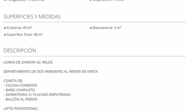 EXCELENTE DOS AMBIENTES AMPLIO ZONA WILDE (SE ANALIZAN CONTRA-OFERTA)