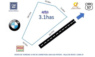 Venta Terreno a Pie de Carretera San Luis Potosí - Villa de Reyes x GM y BMW