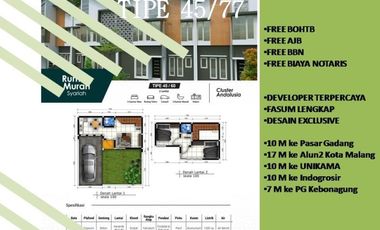 Jual Rumah Malang 2 Lantai 2KT Tipe 45/77 5KM dari Kota Malang Free Biaya-Biaya