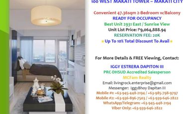 FOR SALE! READY FOR OCCUPANCY 47.36sqm 2-BEDROOM w/BALCONY SUNRISE VIEW 100 WEST MAKATI TOWER