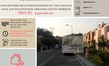 Vendo casa en PASEO DE LOS MANANTIALES SN CASA 8 MZA K L 8 M K, LOS MANANTIALES. EMILIANO ZAPATA MORELOS. Remate bancario. Certeza jurídica y entrega garantizada
