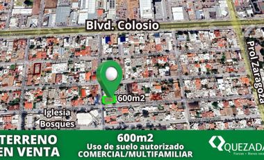 Terreno en venta en Aguascalientes, uso de suelo autorizado comercial y multifamiliar, Fracc Los Bosques