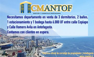 Buscamos departamentos en venta de 3 dormitorios Parque Brasil, Antofagasta