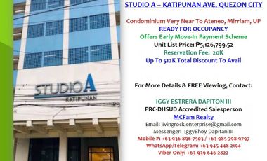 For Sale RFO 26.08sqm 1-Bedroom Studio A Katipunan-Quezon City 5.1M List Price 20K Reservation Fee