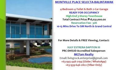 ONLY 30K TO RESERVE RFO 4-BEDROOM 2-CAR GARAGE 3-STOREY TOWNHOUSE MONTVILLE PLACE SELECTA BALINTAWAK-QC NEAR MCU WCC UP DILIMAN
