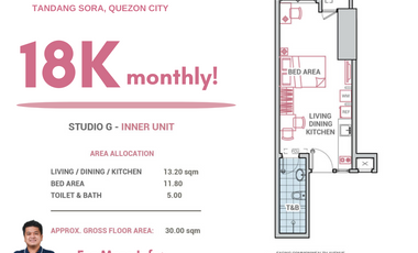18K Monthly! Pre Selling Condo in Tandang Sora, Quezon City 15K Monthly Promo! The Erin Heights Studio  Near Iglesia Ni Cristo Templo, UP Diliman, Ateneo, Commonwealth and Fairview