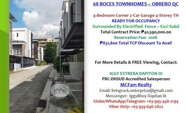 EXCLUSIVE SUBDIVSION: FOR SALE RFO 4-BEDROOM w/T&B 2-CAR GARAGE 4-STOREY TOWNHOUSE 100K RESERVATION FEE