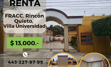 CASA AMUEBLADA EN RENTA, Fracc. RINCÓN QUIETO, Villa Universidad, en Morelia, Michoacán.