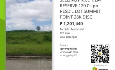 RESERVE 120.0sqm LOT SUMMIT POINT GOLF & RESIDENTIAL ESTATE-LIPA 20K RESERVATION FEE 28K+ DISCOUNT TO AVAIL