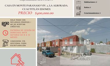 Vendo casa en Monte Paranaso Viv. 2, La Alborada. Cuautitlán EDOMEX. Remate bancario. Certeza jurídica y entrega garantizada