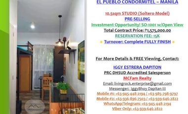 RESERVE YOUR UNIT NOW! SELF-LIQUIDATING 10.5sqm STUDIO EL PUEBLO CONDORMITEL MANILA ONLY 7K MONTHLY DP 15K RESERVATION FEE