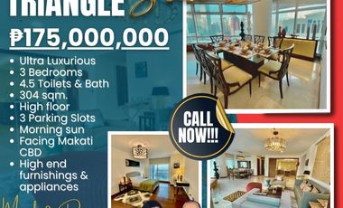 Ultra Luxurious 304 sqm. 3-Bedroom Unit For Sale and Lease at Two Roxas Triangle Makati Central Business District