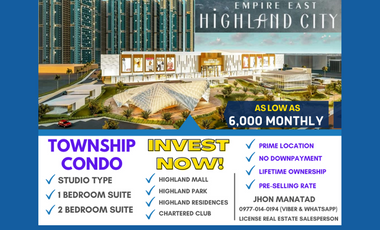 6,000 Mo, Studio Type No Downpayment Empire East Highland 5 Years to Pay Rent to own Condo Pasig-Cainta nr. Araneta Cubao,Marikina,Katipunan,Ortigas Ext