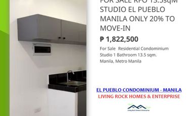 READY FOR TURNOVER 13.5sqm STUDIO EL PUEBLO CONDOMINIUM MANILA WALKING DISTANCE TO PUP MAIN CAMPUS ONLY 15K TO RESERVE 20% REQUIRED TO MOVE-IN