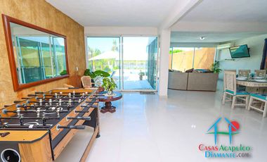 Casa en renta vacacional para 14 personas. Terraza con alberca privada, jardín y salida a la laguna