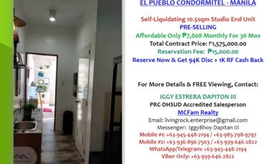LOOKING FOR LONG TERM PASSIVE INCOME? RESERVE 10.5sqm STUDIO EL PUEBLO CONDORMITEL MANILA ONLY 15K RESERVATION FEE 7K MONTHLY