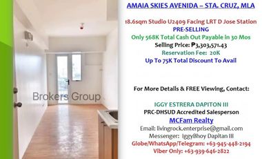 Pre-Selling 18.6sqm Studio Amaia Skies Avenida Manila Only 20K To Reserve A Unit Few Steps Away To LRT D. Jose Station