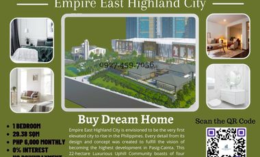 9,000 Per Month - 1 Bedroom - 29.38SQM - ZERO Percent Interest For 5Years - No DownPayment   First Elevated City in Pasig Cainta -  Pet Friendly -  Investment Wise