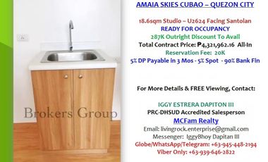 Best Unit 2624 Facing Santolan Area: For Sale! RFO 18.6sqm Studio Amaia Skies Cubao-Quezon City 4.3M Contract Price 20K Reservation Fee