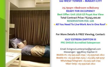 READY FOR OCCUPANCY! FOR SALE! 29.79sqm 1-BEDROOM w/BALCONY 100 WEST TOWER-MAKATI CITY