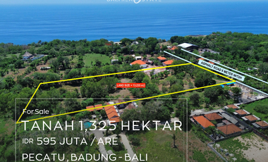 Dijual Tanah hak milik seluas 1,325 Hektar dengan View Laut dan dekat tebing Di Pecatu Bali