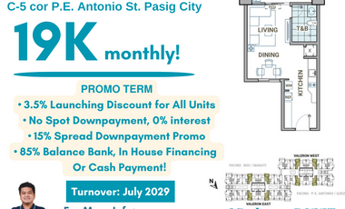 19K Monthly Promo! NEWEST PROJECT OF DMCI HOMES! THE VALERON TOWER 1 Bedroom Pre Selling Condo in C5 Pasig City! near Tiendesitas, Arcovia, Bridgetowne, Capitol Commons, Oritgas Cbd, BGC, Eastwood City Libis
